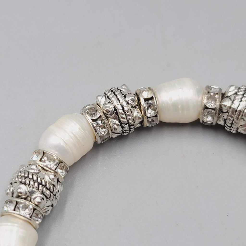 Pearl Bracelet Silver tone Crystal Rhinestone Elastic 6.5"