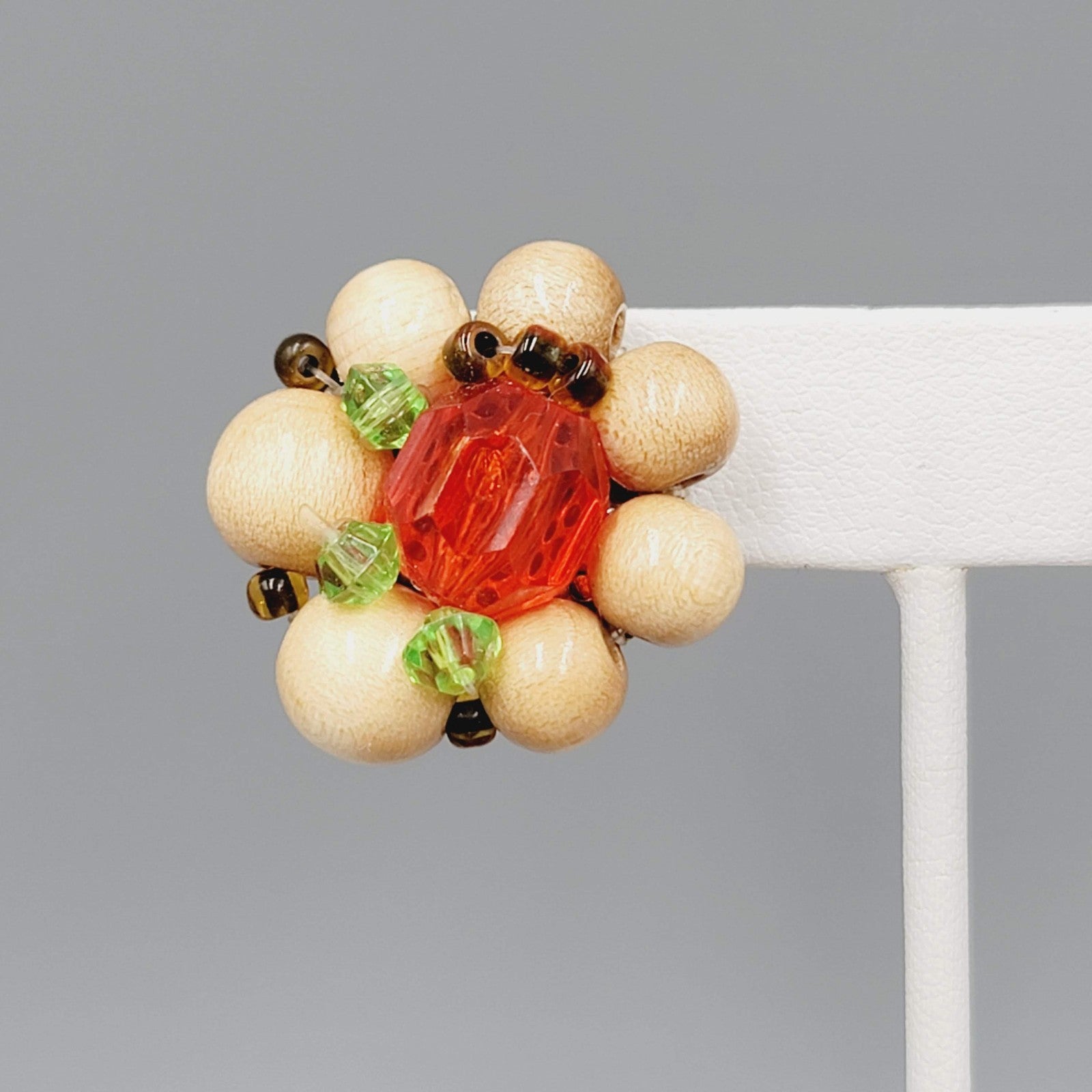 Vintage Flower Wood Cluster Bead Clip on Earrings Orange Green 1 1/8 in