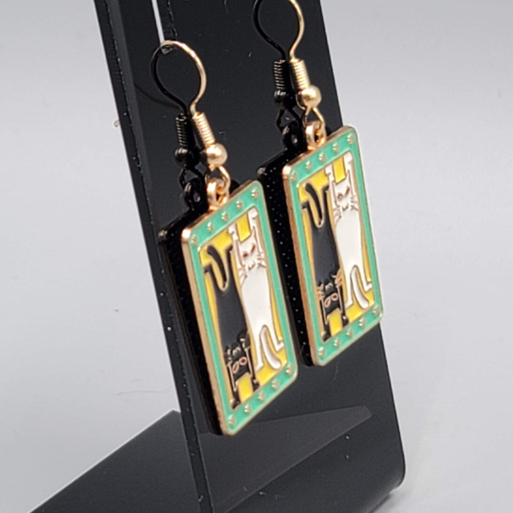 Kitty Cat in the Sun Enamel Pierced Earrings Gold tone Dangle 1 1/8"