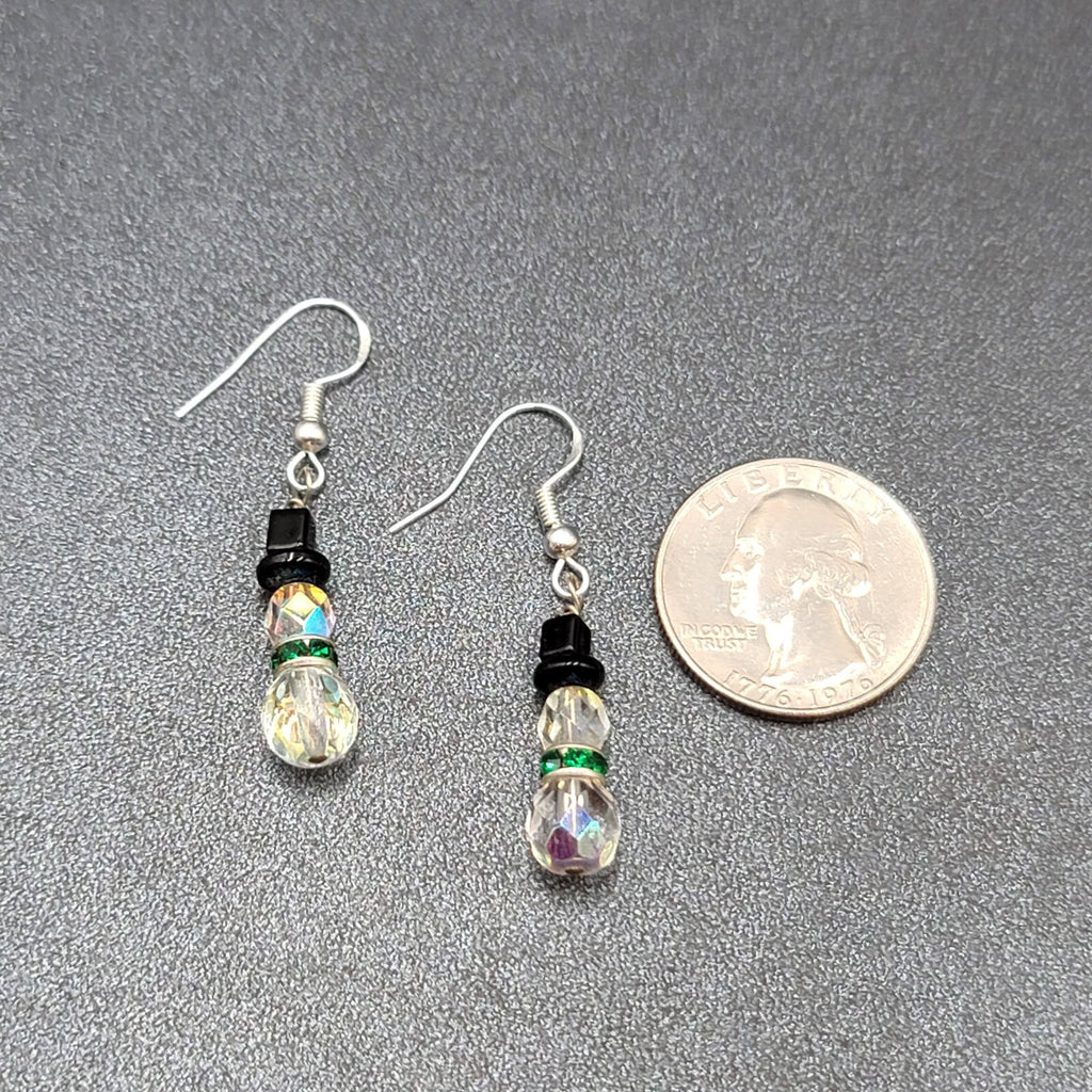 Sterling Silver Pierced Earrings Crystal Bead Snowman Dangle  1"