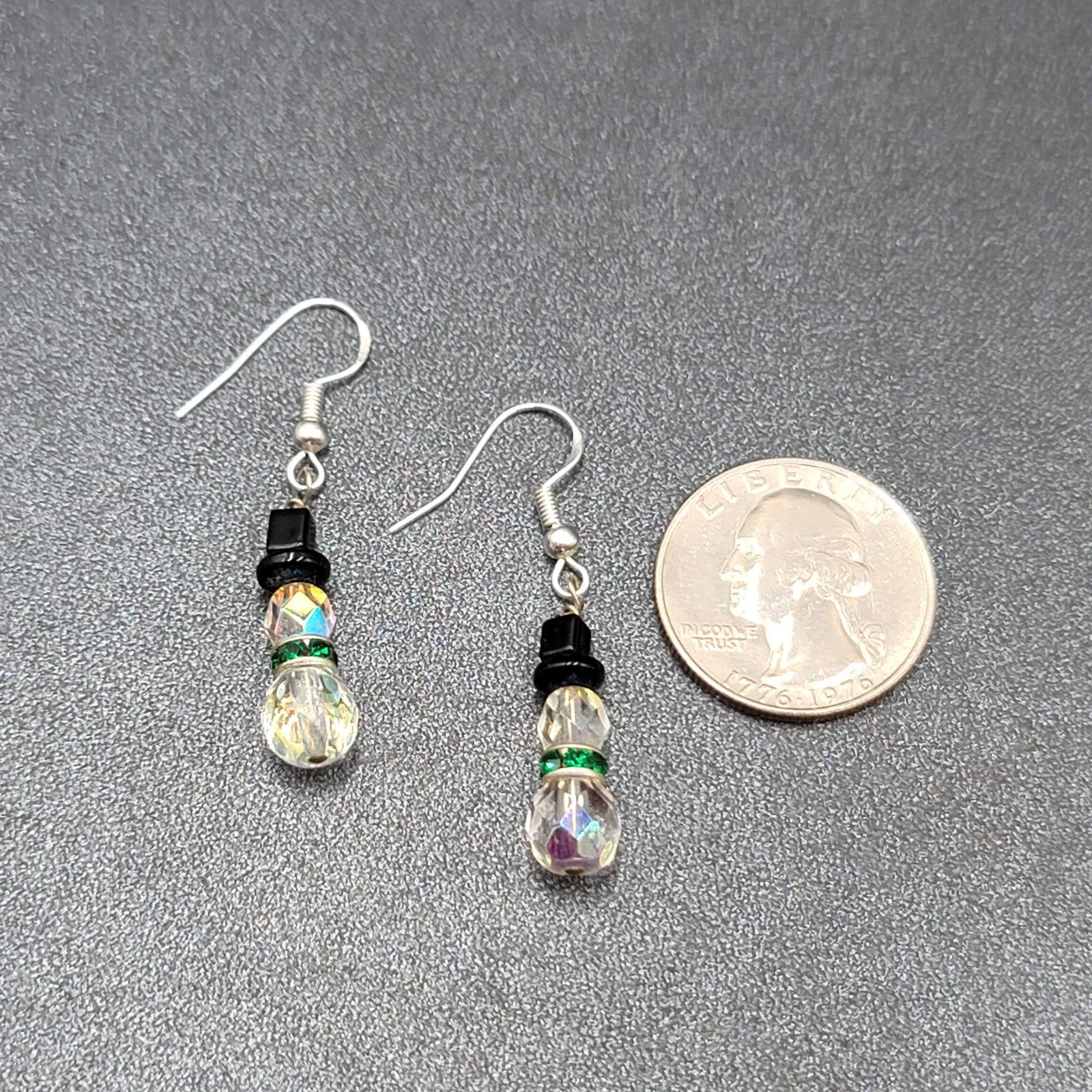 Sterling Silver Pierced Earrings Crystal Bead Snowman Dangle  1"