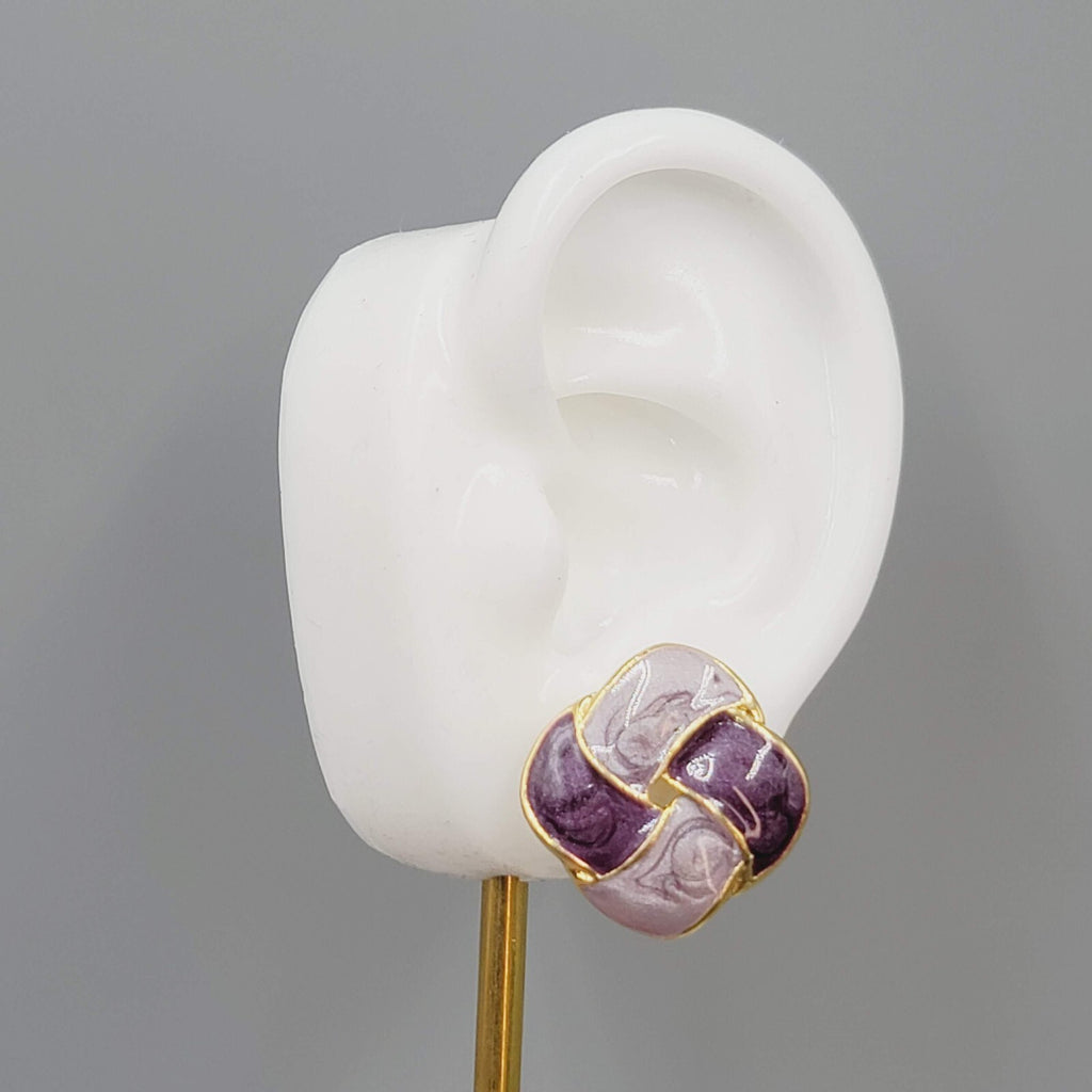 Vintage Purple Enamel Pierced Earrings Square Knot Drop 7/8"