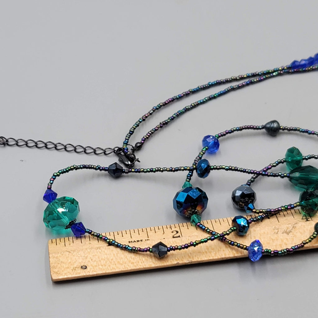 Signed Beaded Necklace Long 30 in Black Purple Green Triple Layer