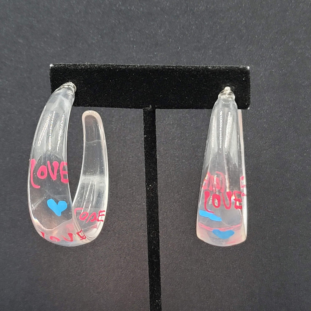 Pierced Earrings Clear Acrylic Large Hoops LOVE HEARTS 2"