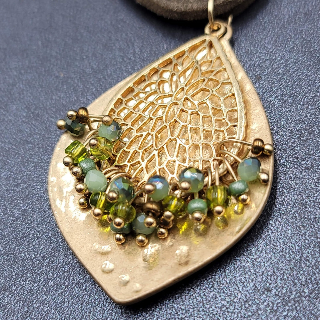 Long Statement Necklace Green Suede Triple Cord Gold tone Pendant 54"