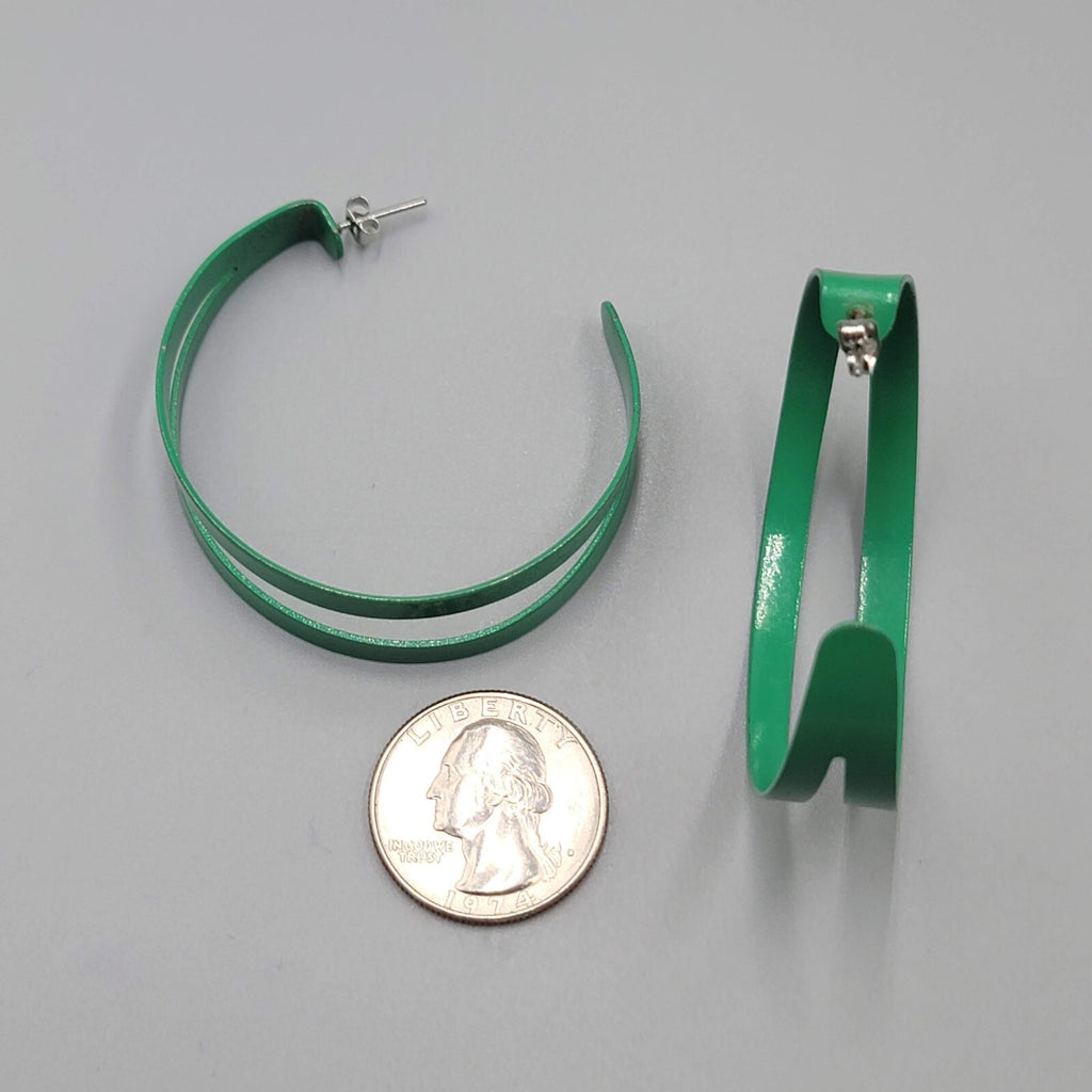 Green Enamel Hoops Hoop Pierced Earrings Large Statement Double 2"