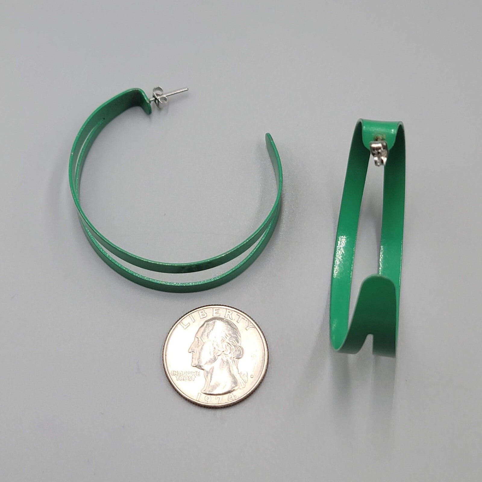 Green Enamel Hoops Hoop Pierced Earrings Large Statement Double 2"