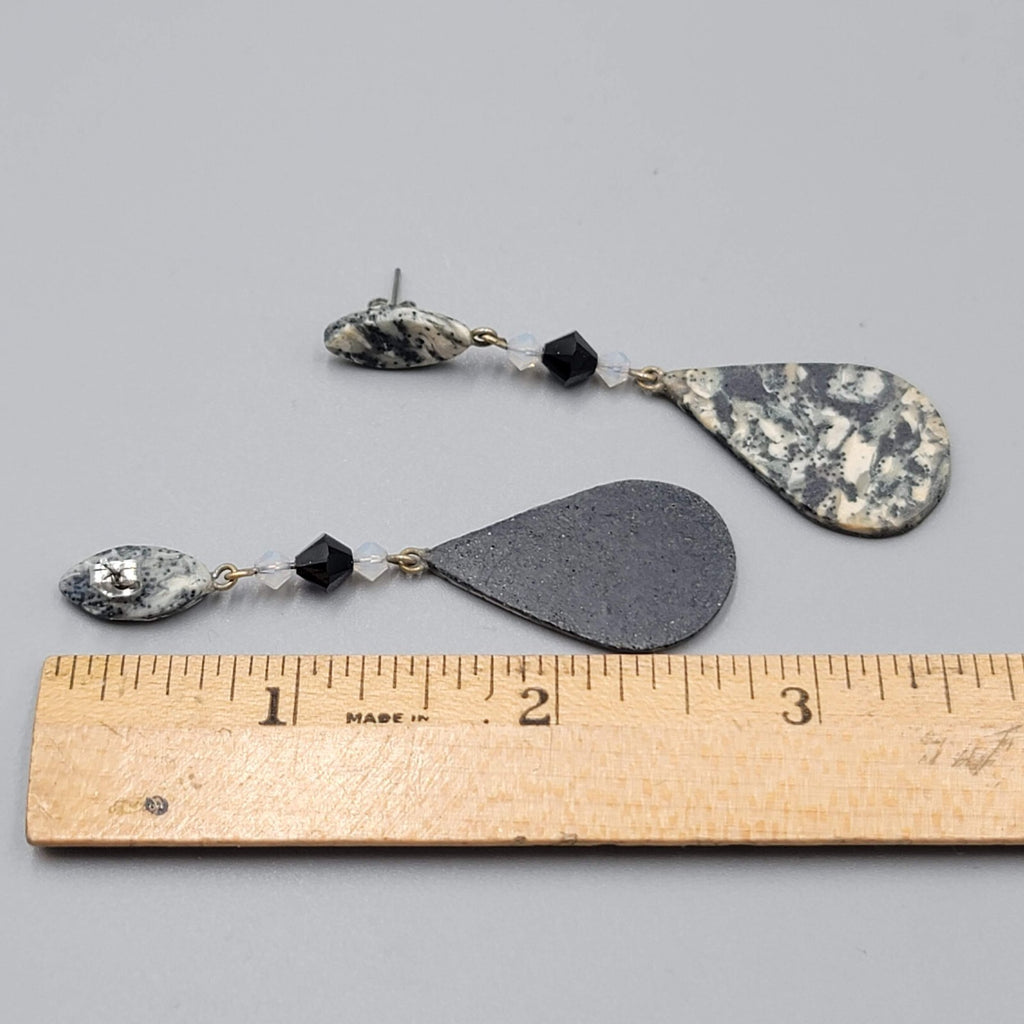 Long Pierced Earrings Gray Black Beaded Teardrop Dangle Signed 2 5/8"