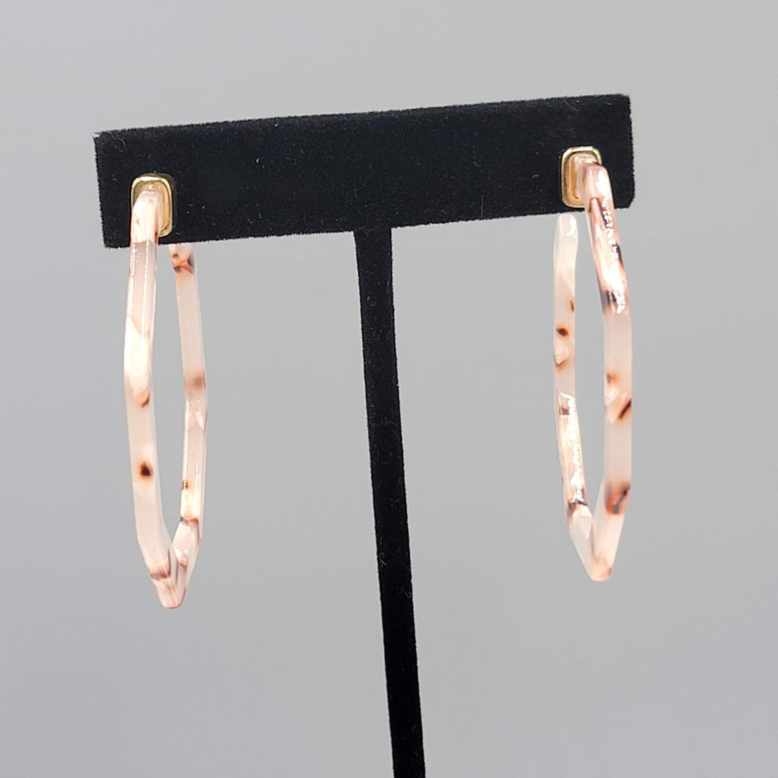 Resin Octagon Hoops Pierced Earrings Pink White Brown Swirl 2"