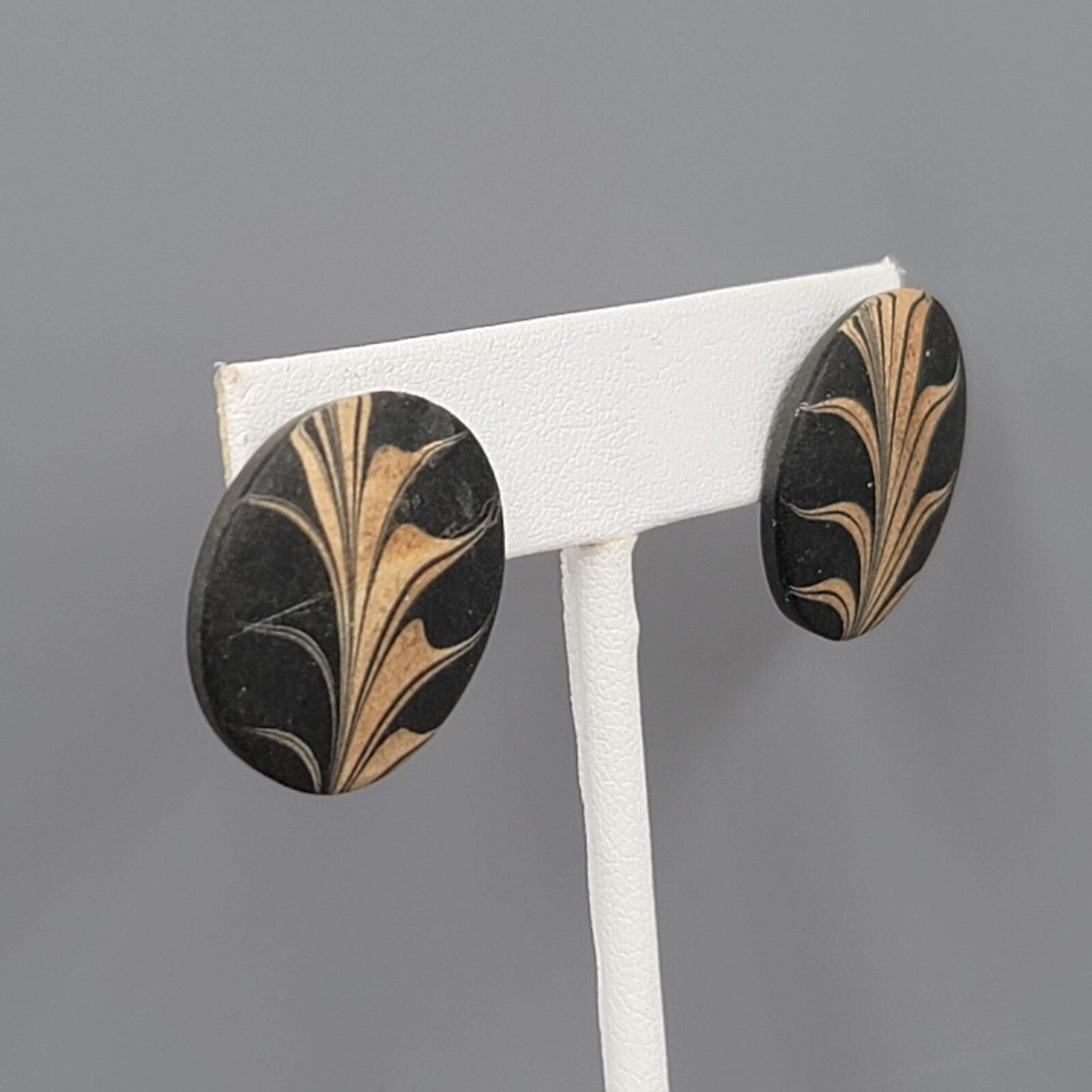 Vintage Ceramic Round Pierced Earrings Black Gold Paint 1"