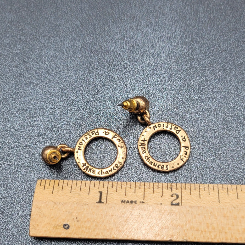 Pierced Earrings TAKE CHANCES FIND A PASSION Gold tone Dangle Hidden  1 1/8"