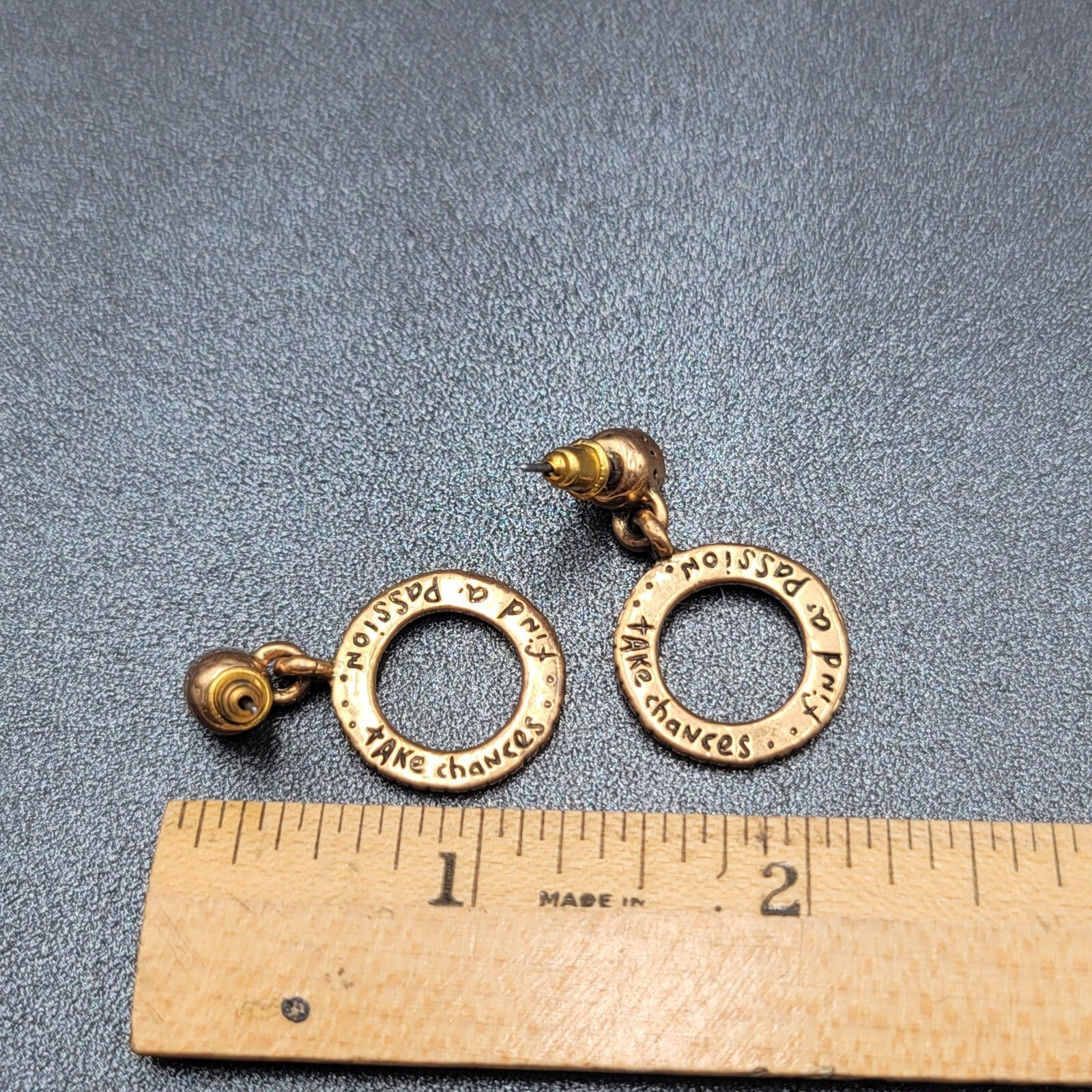 Pierced Earrings TAKE CHANCES FIND A PASSION Gold tone Dangle Hidden  1 1/8"