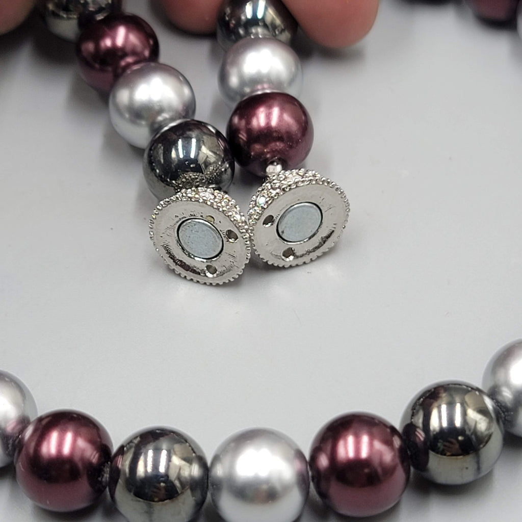 Large Bead Necklace Purple Gray Black Rhinestone Magnet Closure 16"