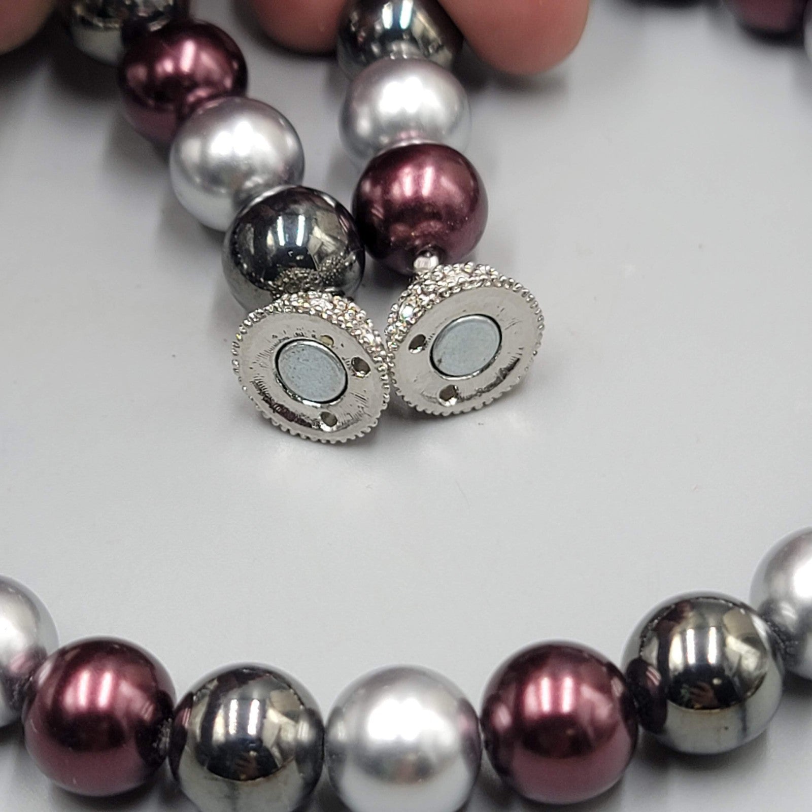 Large Bead Necklace Purple Gray Black Rhinestone Magnet Closure 16"
