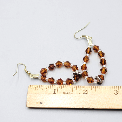 Brown Crystal Bead Pierced Earrings Gold tone Dangle 1.75"