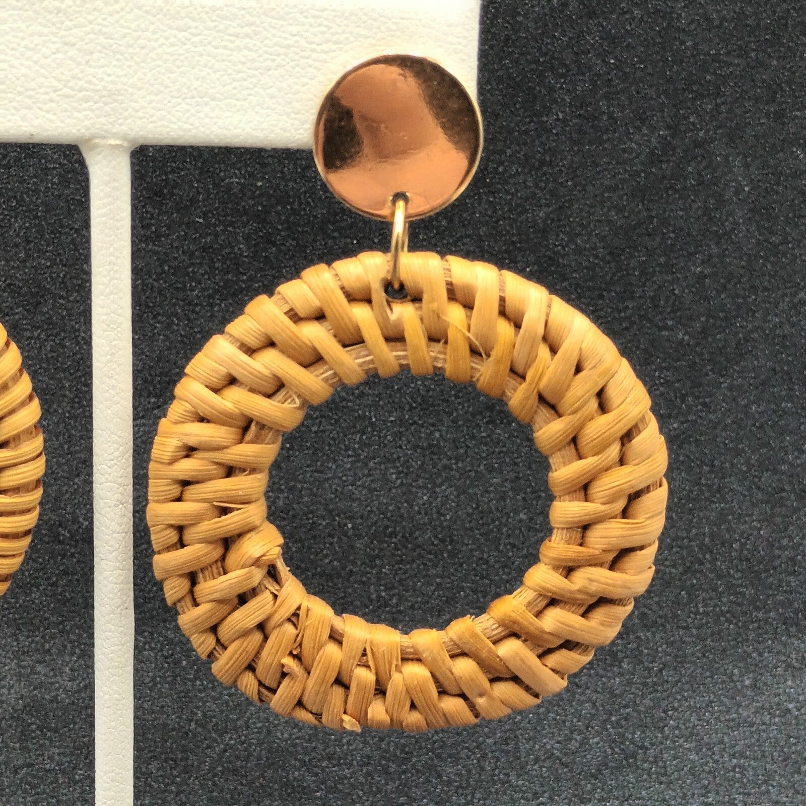 Boho Pierced Earrings Gold tone Rattan Ring Statement Dangle 2 1/2"