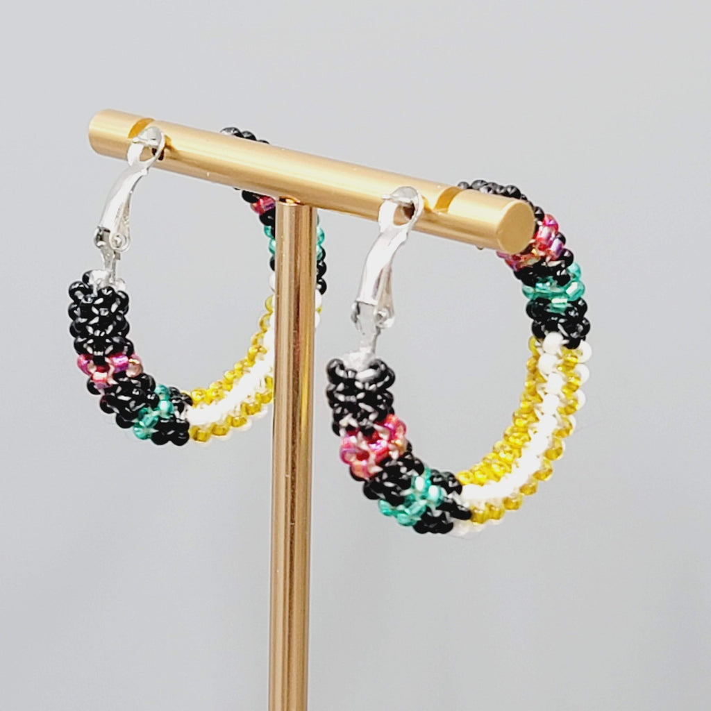 Multicolor Seed Bead Wrapped Hoops Pierced Earrings Silver tone 1.25"