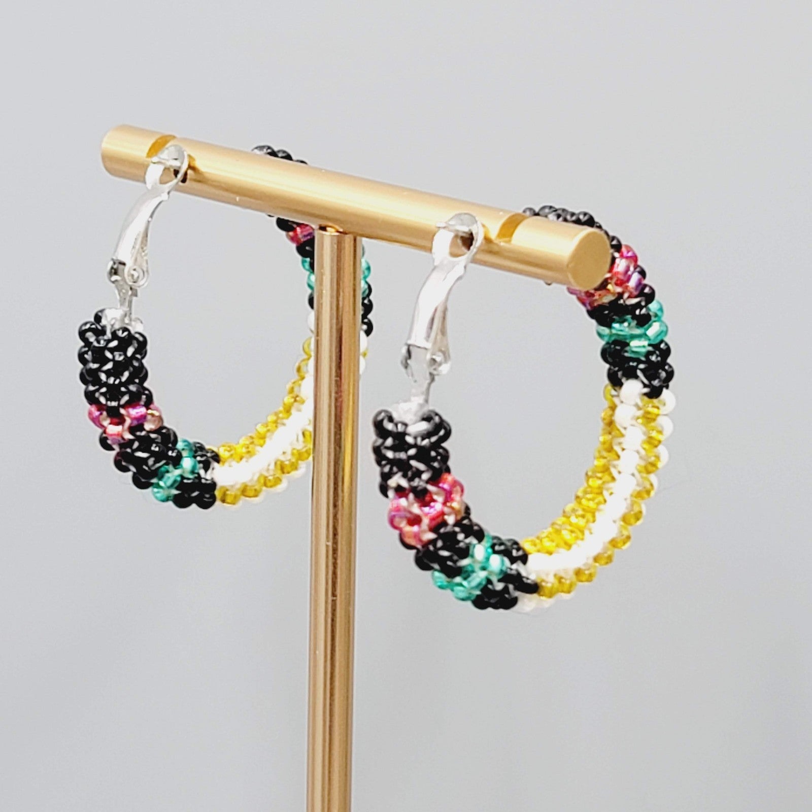 Multicolor Seed Bead Wrapped Hoops Pierced Earrings Silver tone 1.25"