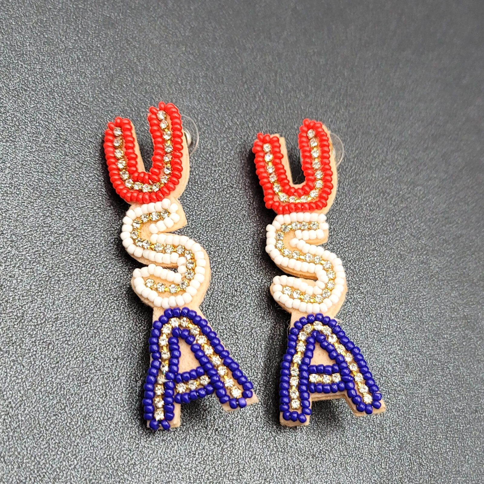 USA Pierced Earrings Beaded Felt Patriotic 4th of July Red White Blue 2.5"