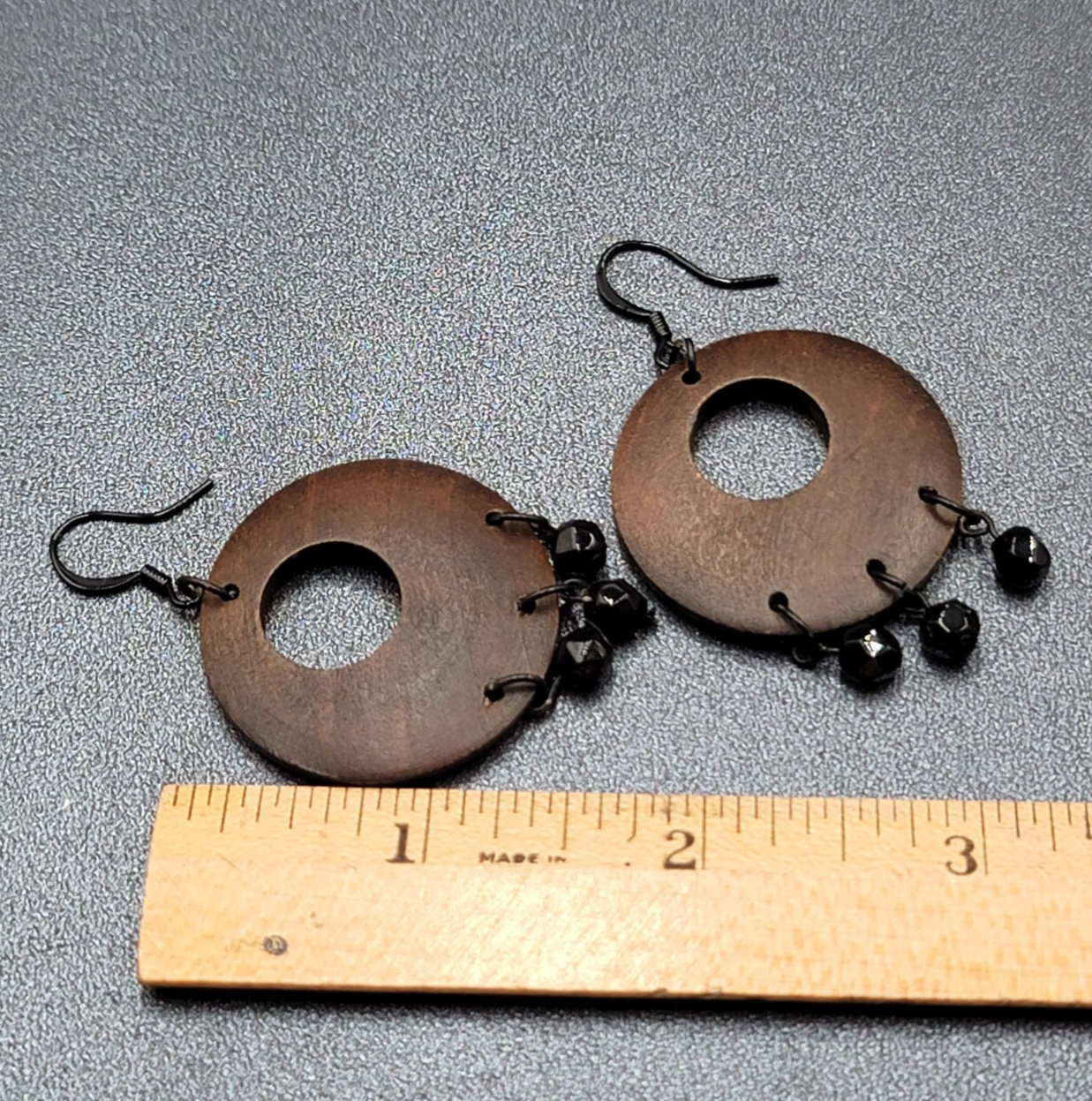 Pierced Earrings Black Metal Round Wood Black Beads Dangle 1.75"