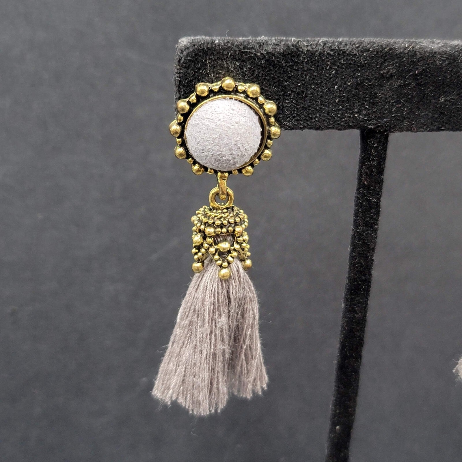 Boho Pierced Earrings Antiqued Gold tone Gray String Tassel 2"