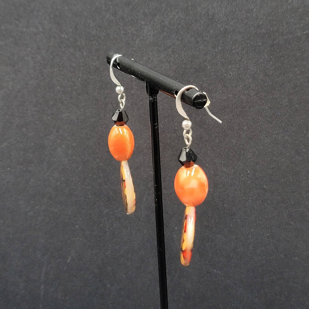 Pierced Earrings Orange Black Beads Flower Mother of Pearl Dangle 1 5/8"