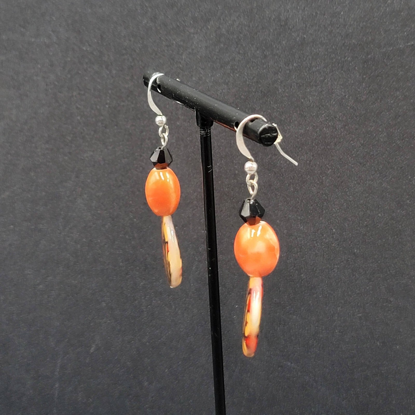 Pierced Earrings Orange Black Beads Flower Mother of Pearl Dangle 1 5/8"