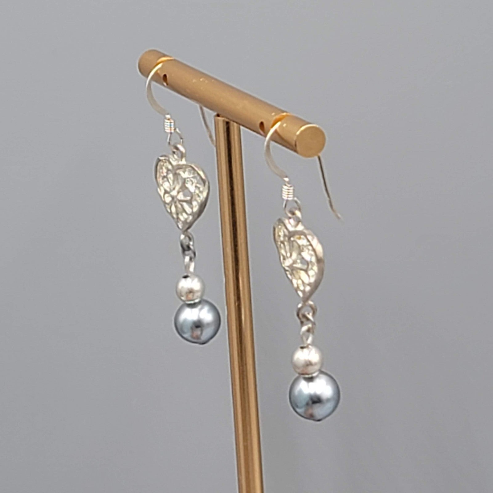 Sterling Silver Pierced Earrings Gray Bead Dangle 1.25" 925