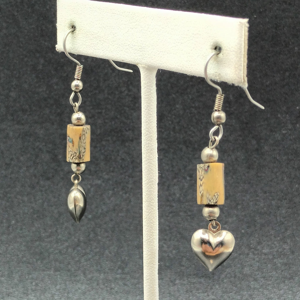 Pierced Earrings Silver tone Heart Acrylic Beaded Dangle 1 1/4"