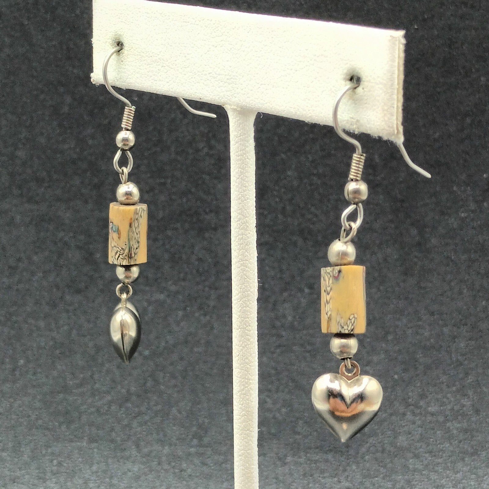 Pierced Earrings Silver tone Heart Acrylic Beaded Dangle 1 1/4"