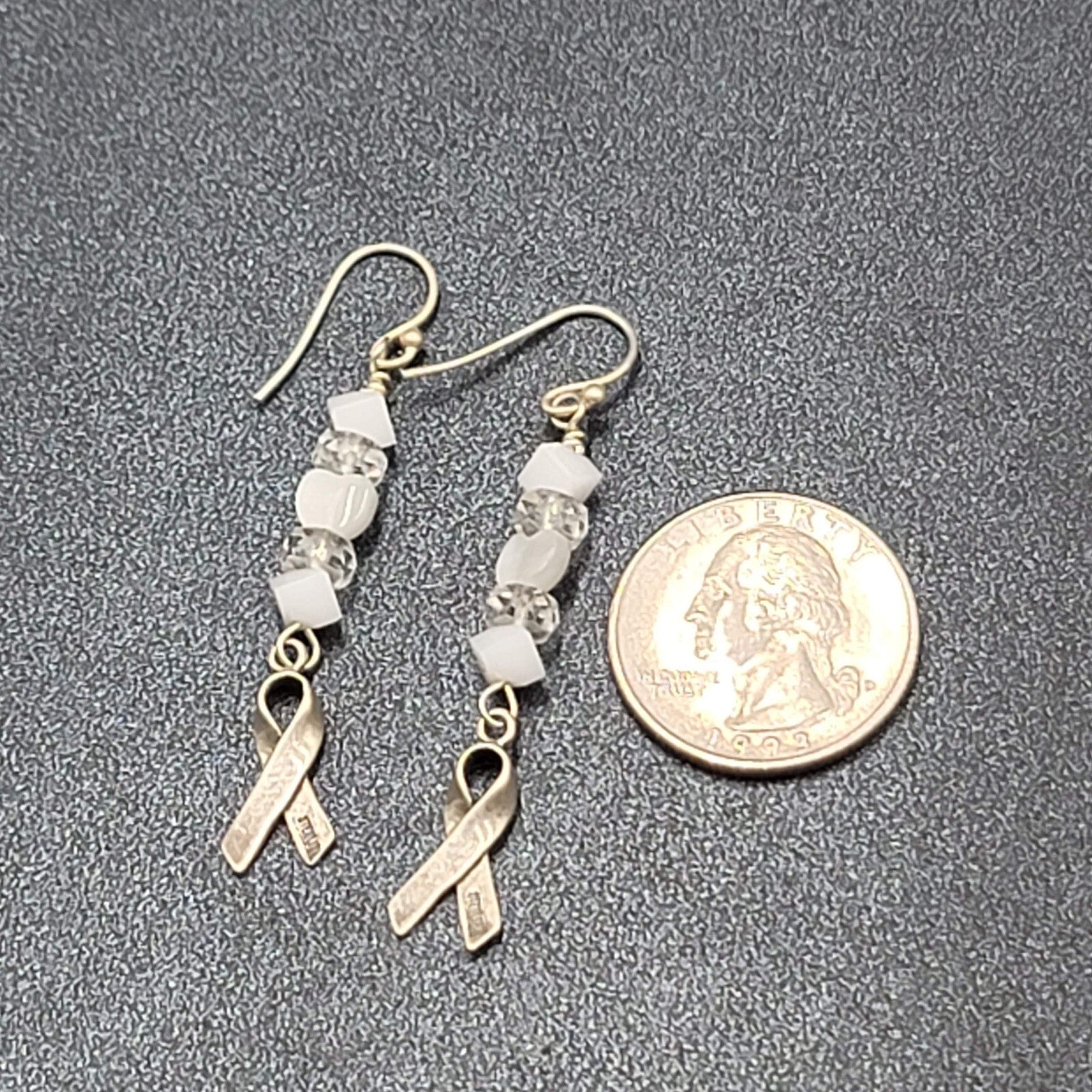 Sterling Silver Pierced Earrings 925 Beaded Awareness Ribbon 1.75" 