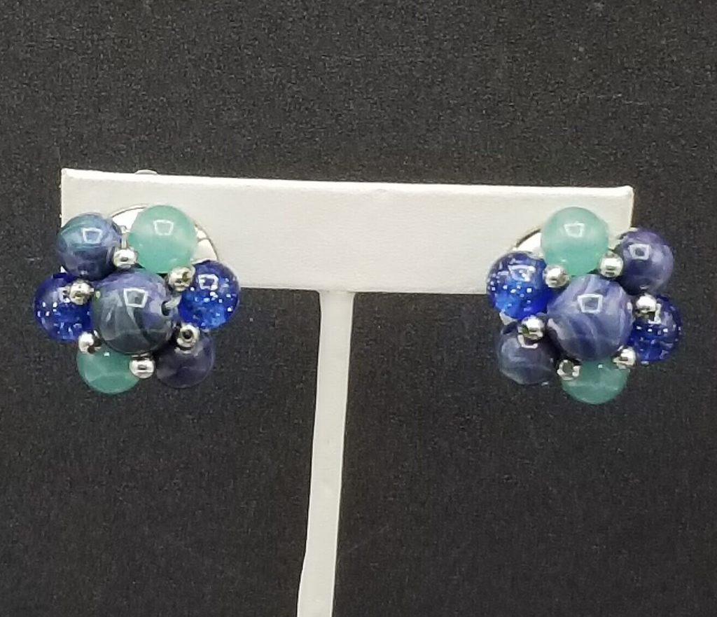 Vintage Clip On Silver tone Blue and Green Acrylic Bead Cluster Stud 1"