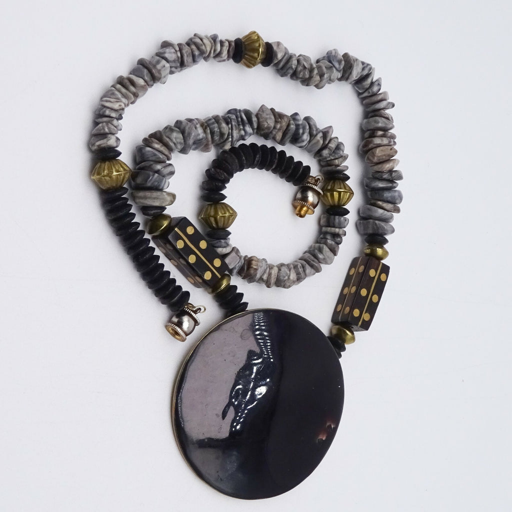 Boho Ethnic Necklace Gray Stone Beads Enamel Brass Inlay Pendant 24"