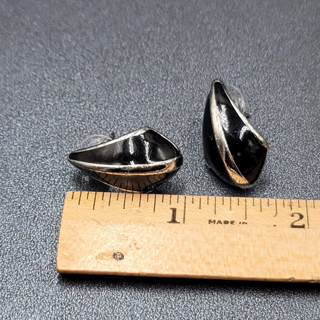 Vintage Pierced Earrings Black Enamel Drop Silver tone 1"