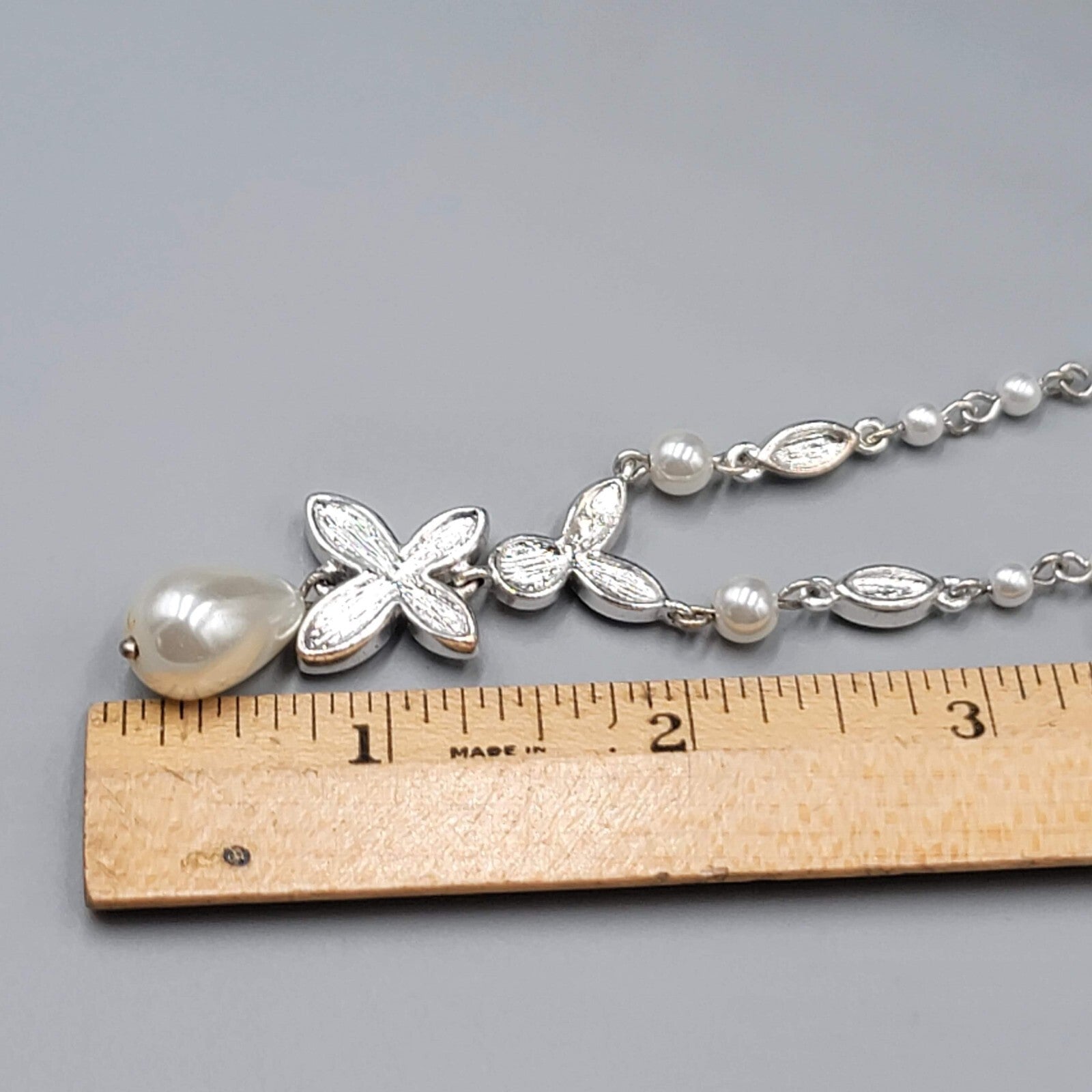 Napier Y Drop Necklace White Bead Silver tone 18"