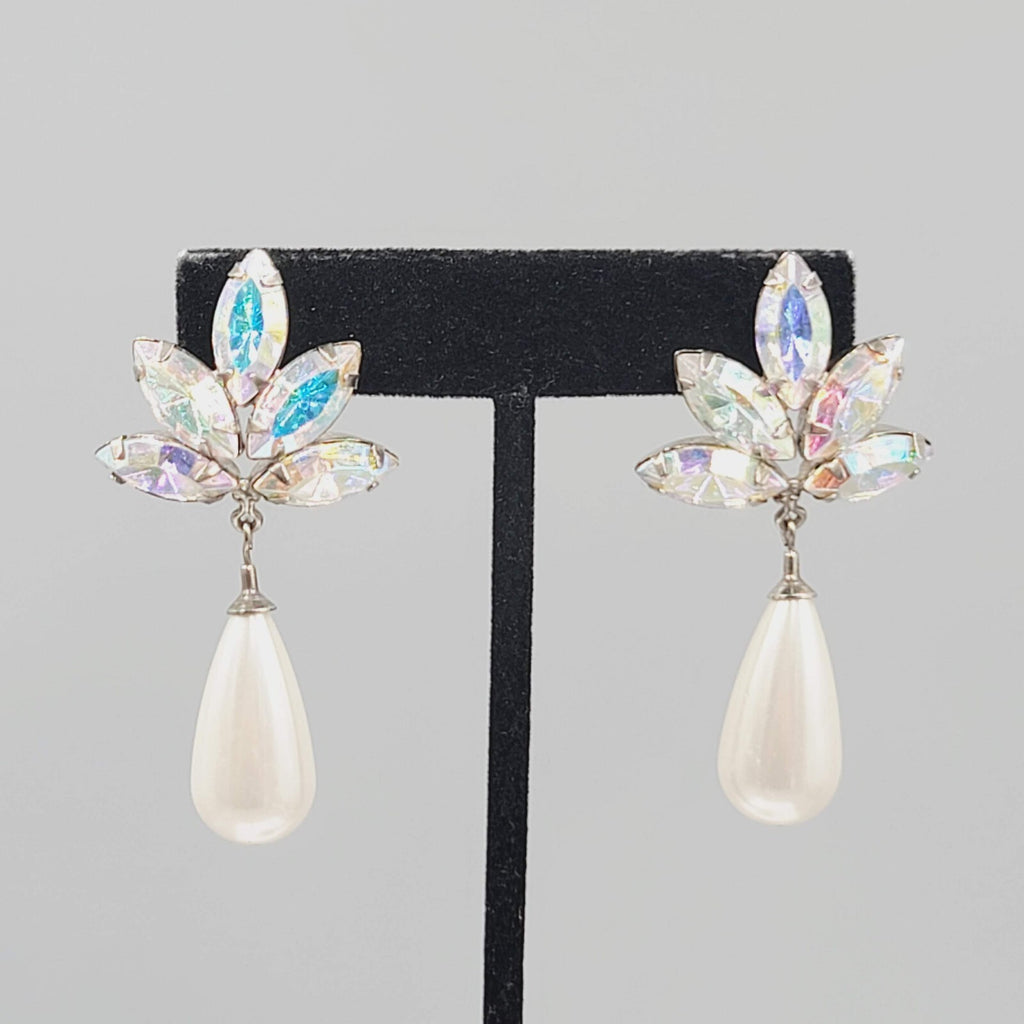 Vintage Statement Pierced Earrings Large AB Rhinestone Faux Pearl Teardrop 2.25"