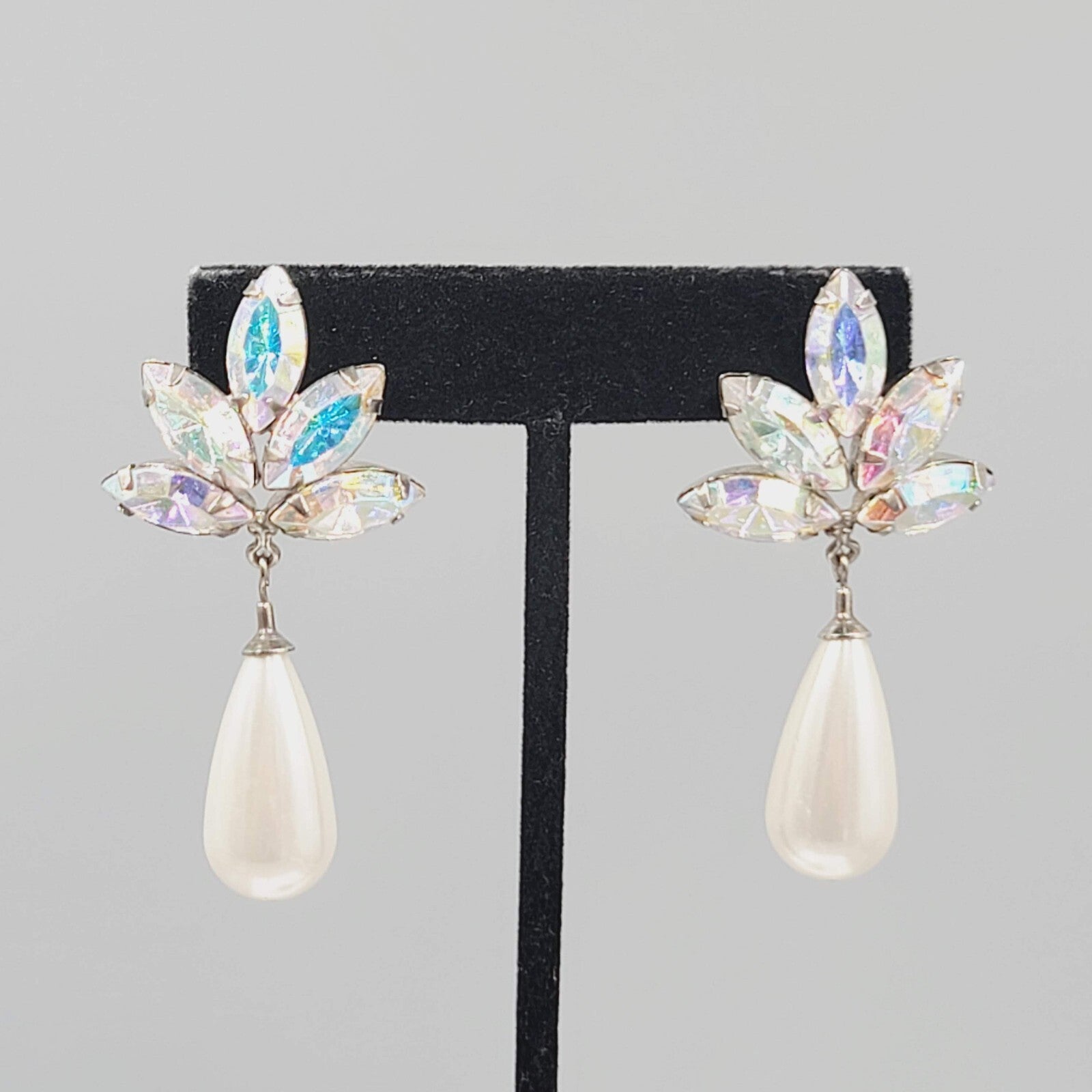 Vintage Statement Pierced Earrings Large AB Rhinestone Faux Pearl Teardrop 2.25"