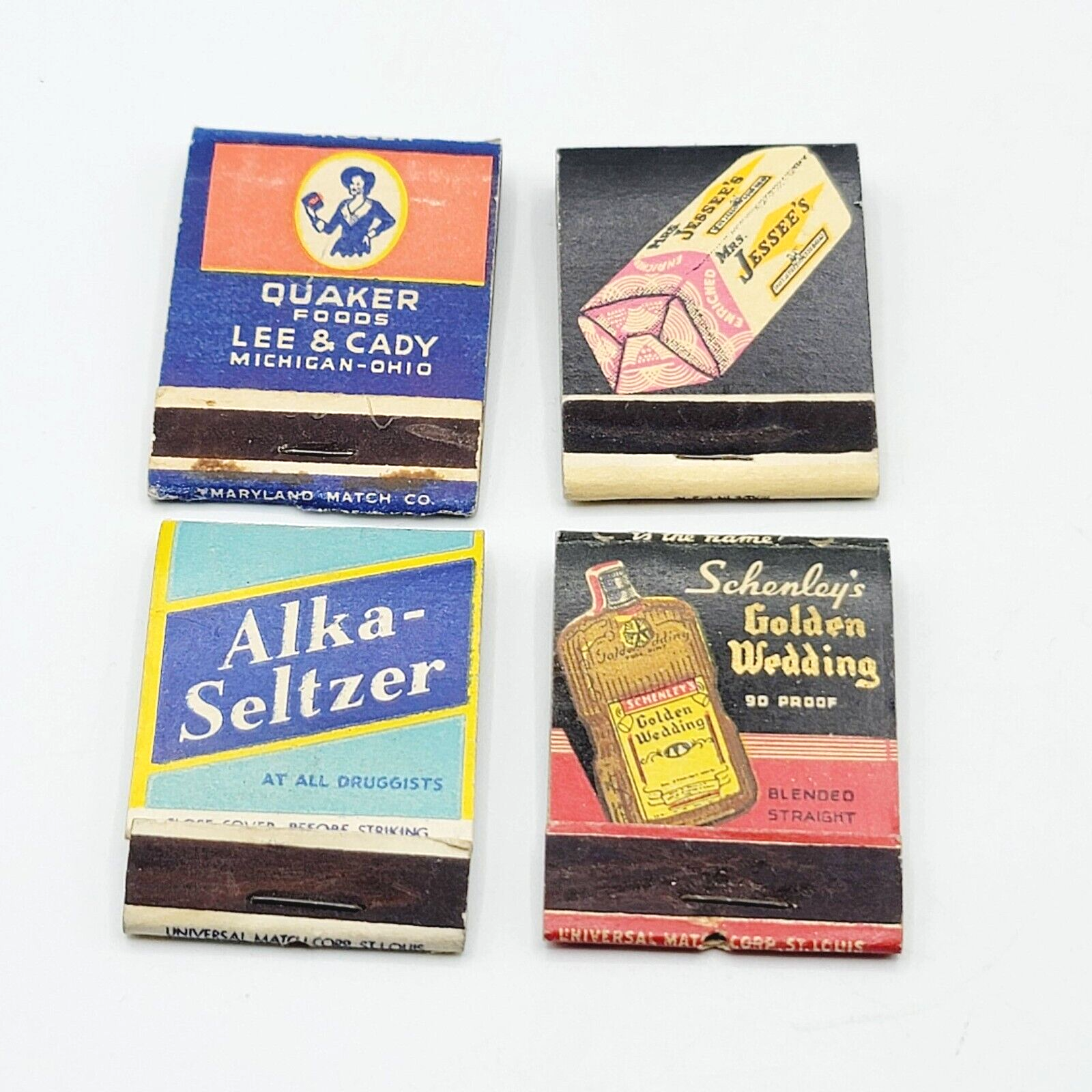 Vintage Advertising Matchbooks Lot of 4 Alka Seltzer Mrs Jessees Quaker Schenley