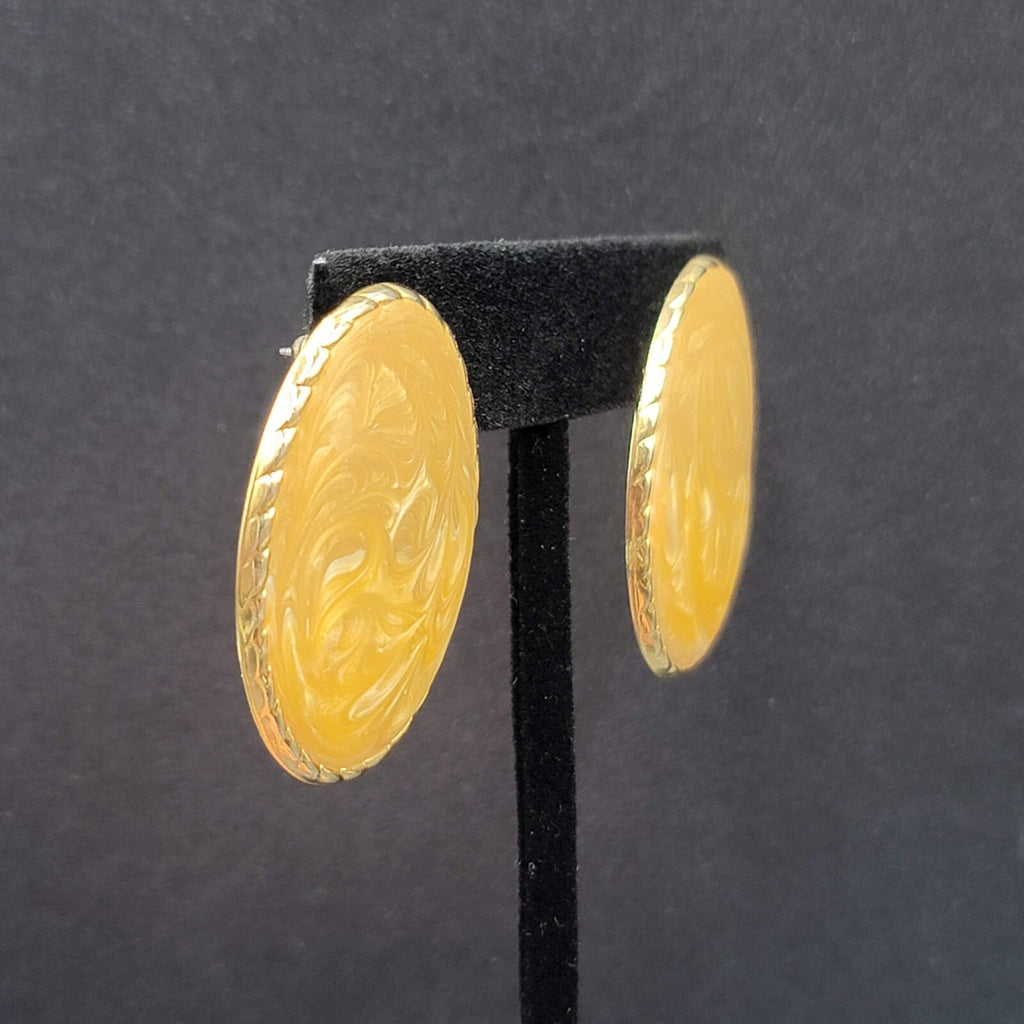 Vintage Pierced Earrings Gold tone Peach Enamel Swirl Large Oval Drop 1.5"