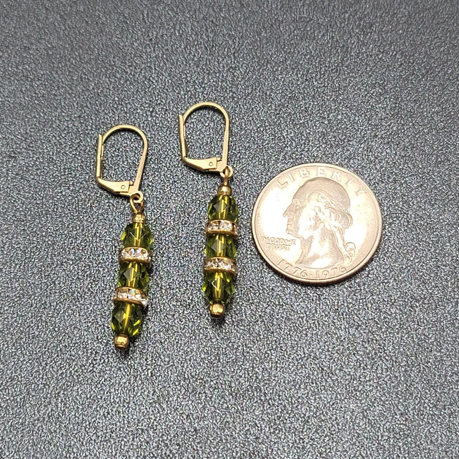 Pierced Earrings Green Faceted Bead Rhinestone Spacers Dangle 1.25"