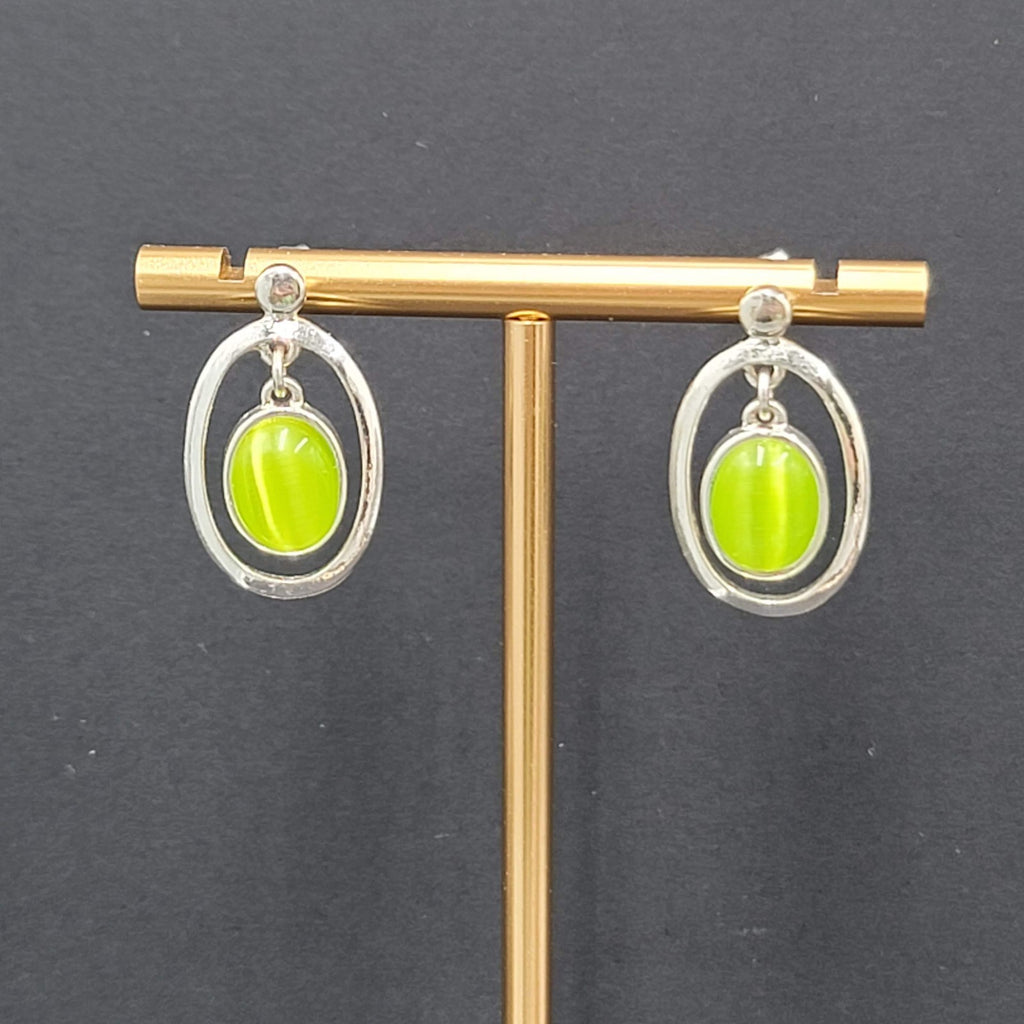 Lime Green Cats Eye Pierced Earrings Silver tone Dangle 1"