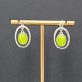 Lime Green Cats Eye Pierced Earrings Silver tone Dangle 1"
