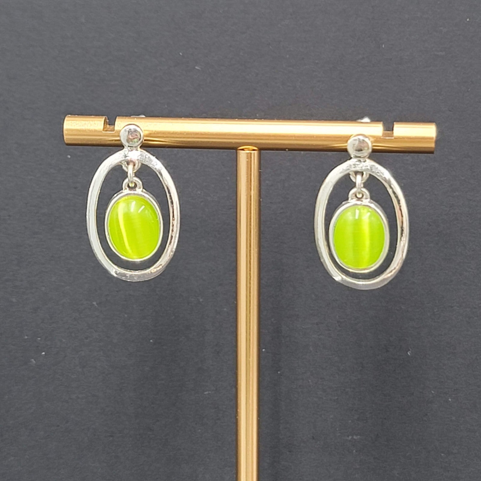 Lime Green Cats Eye Pierced Earrings Silver tone Dangle 1"