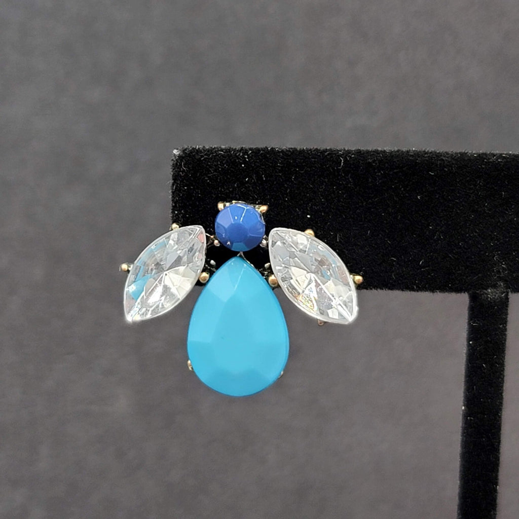 Pierced Earrings Blue Acrylic Bee Flower Design Drop 3/4"