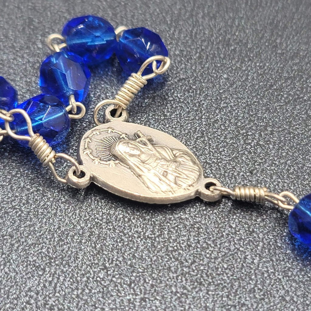 Blue Faceted Bead Catholic Rosary Crucifix Silver tone