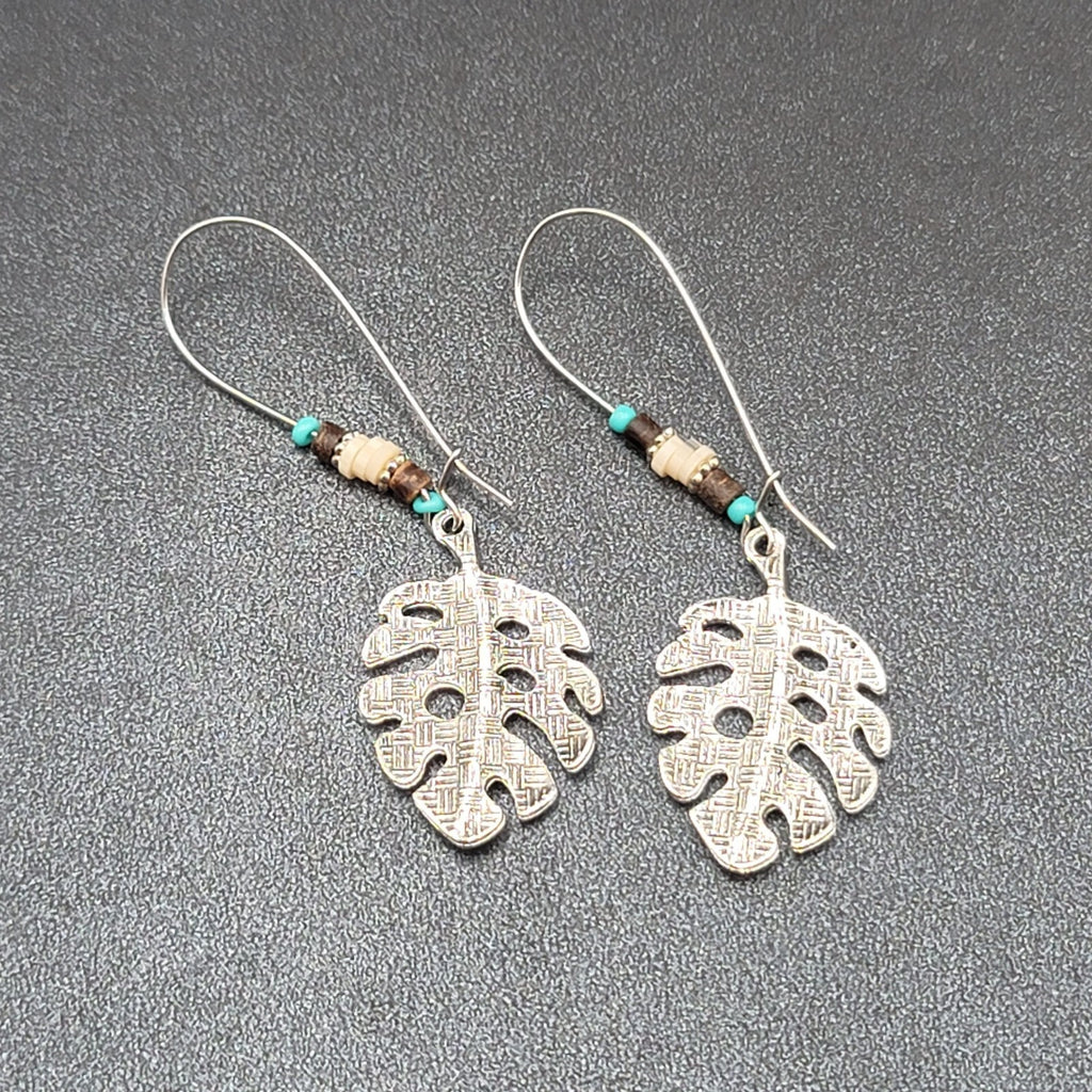Pierced Earrings Silver tone Leaf Beaded Dangle 2.25"