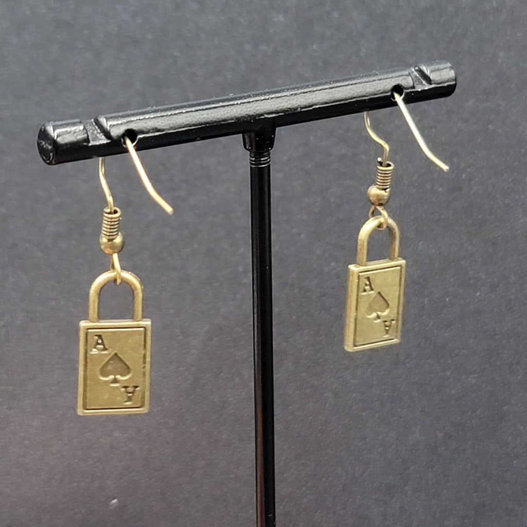 Ace of Spades Pierced Earrings Bronze tone Dangle 3/4"