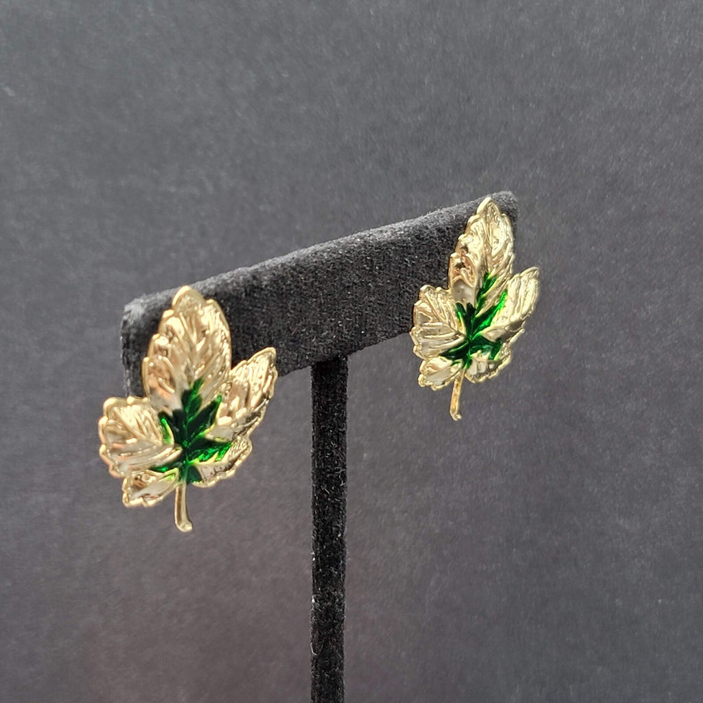 Pierced Earrings Gold tone Green Enamel Leaves Drop 1.25"