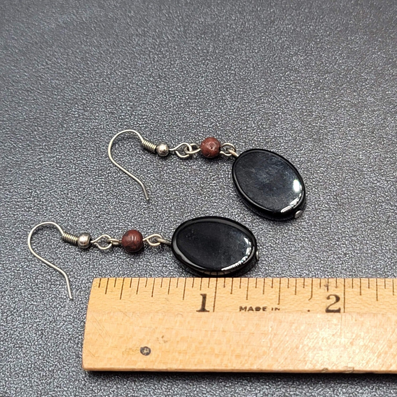 Pierced Earrings Silver tone Black Glass Oval Bead Dangle 1.25"