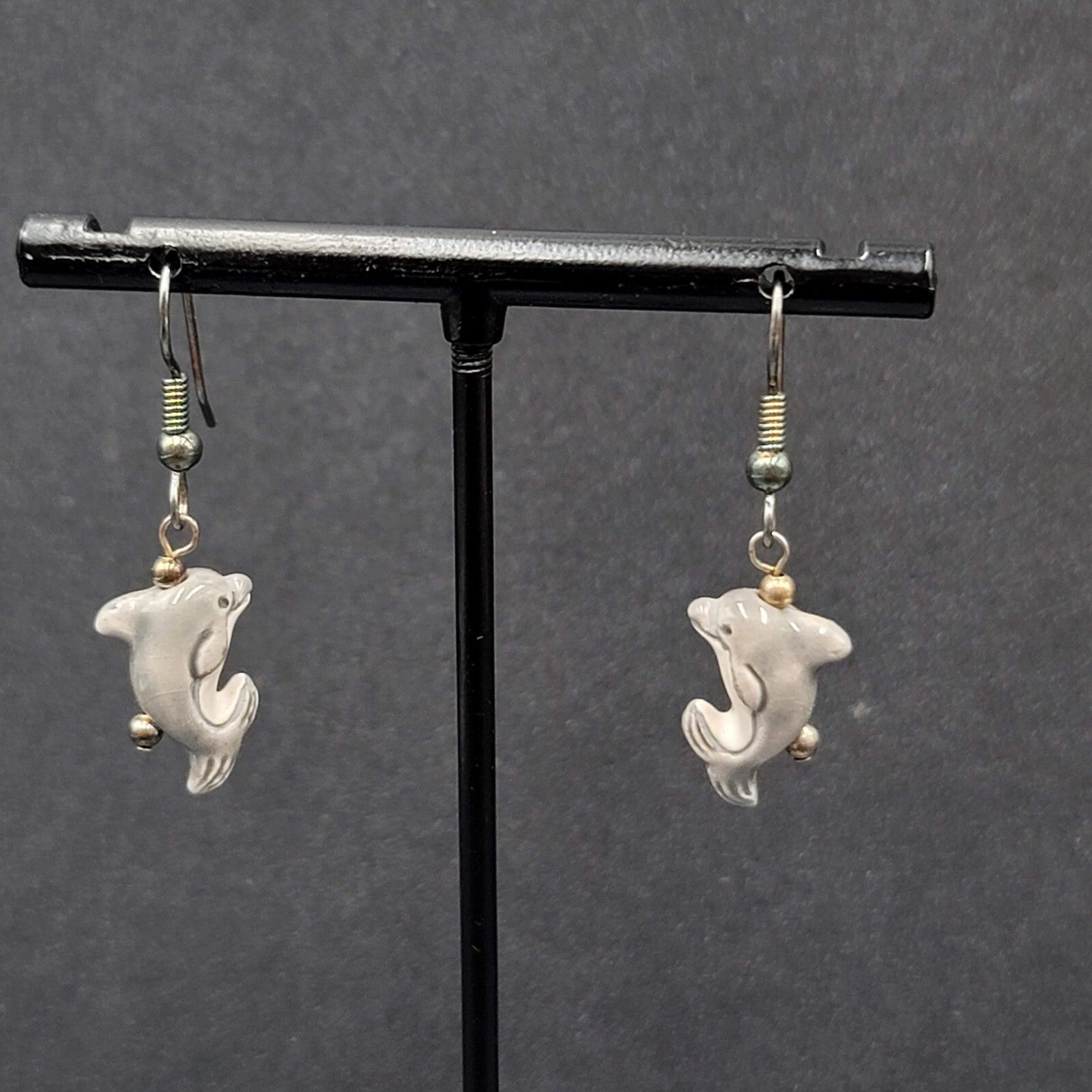 Pierced Earrings Porcelain Dolphin Dangle So Cute! 3/4"